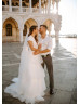 Cap Sleeves Ivory Satin Tulle Tiered Princess Wedding Dress